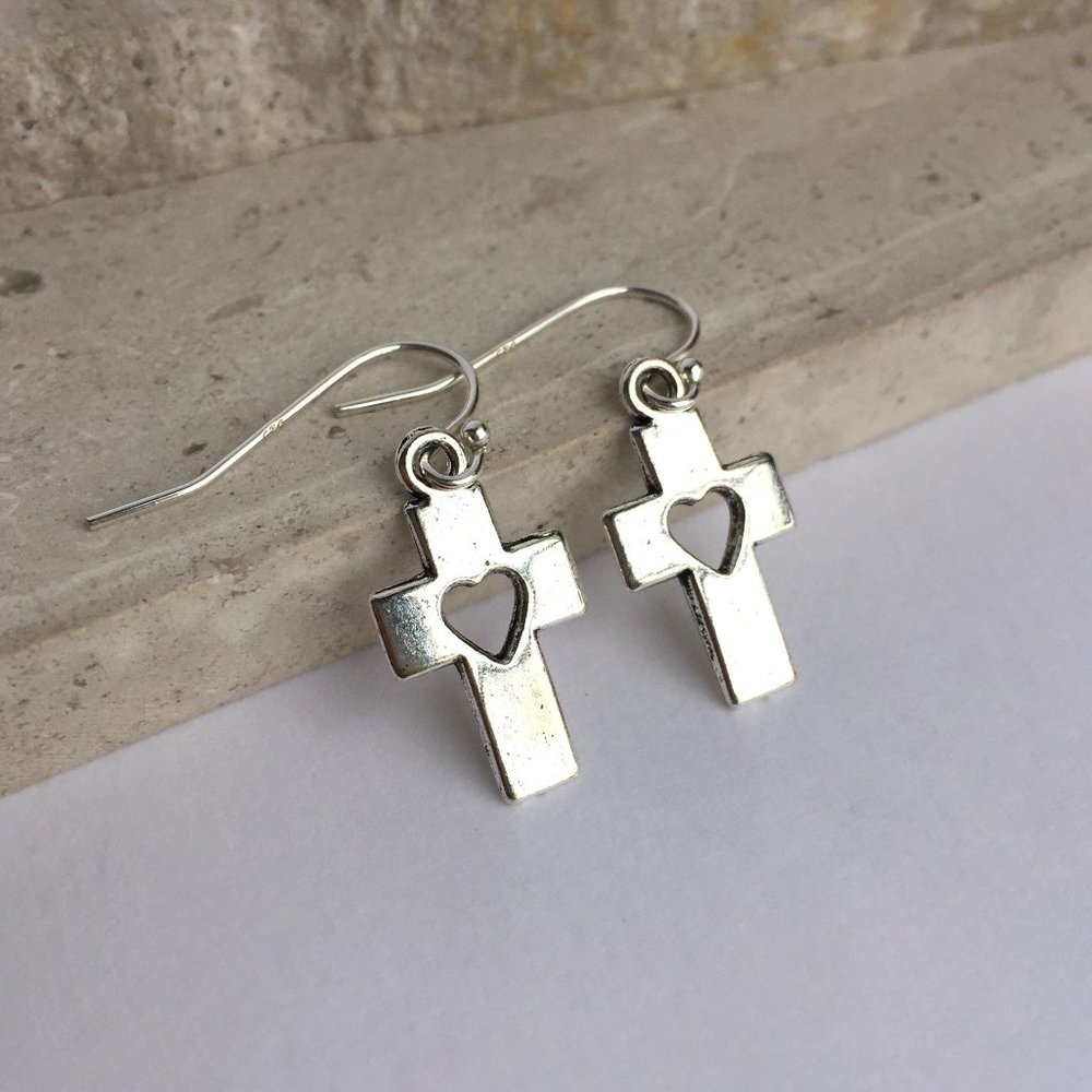 Sterling Silver Cross w/ heart cut out Earrings